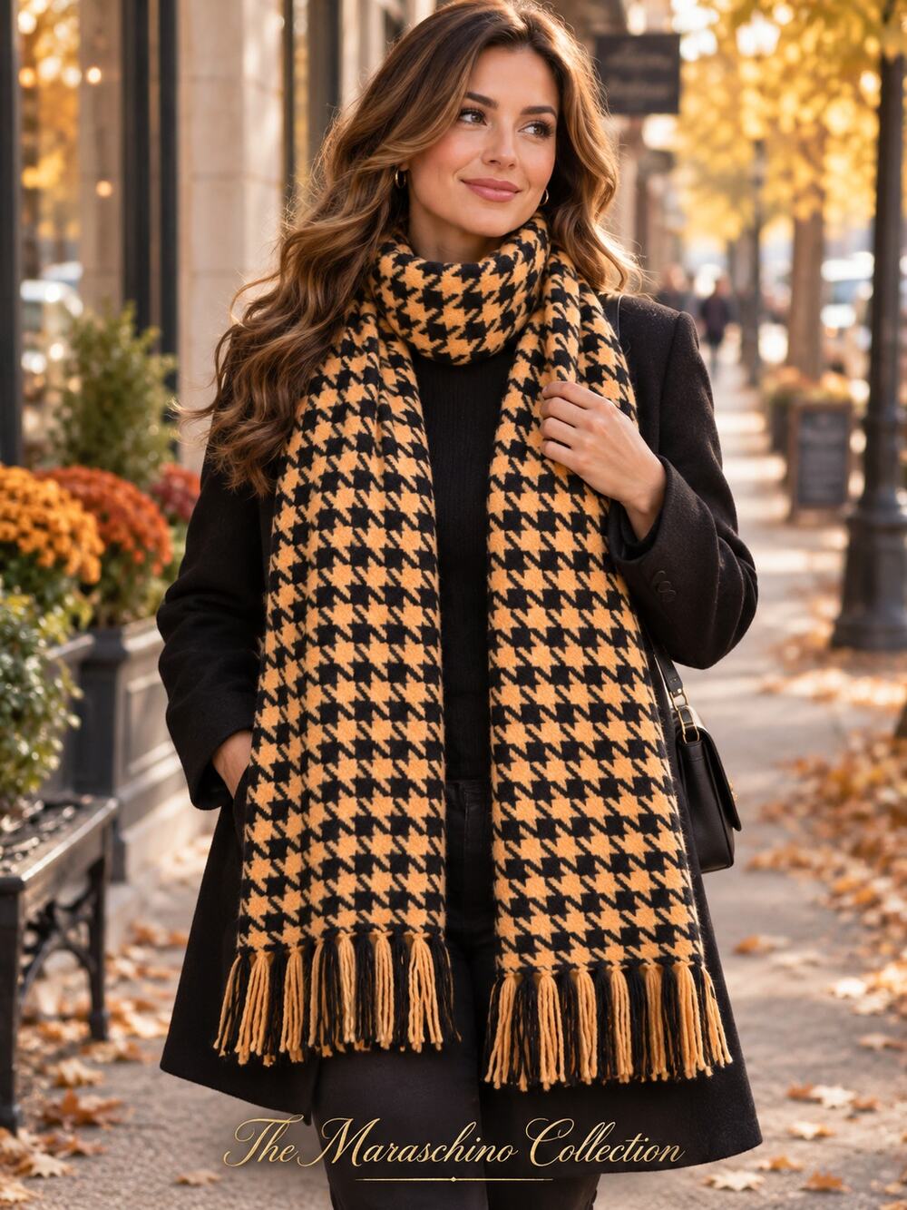 Alpaca Wool Scarf Soft Apricot Black Houndstooth Halloween Preppy Dark Academia